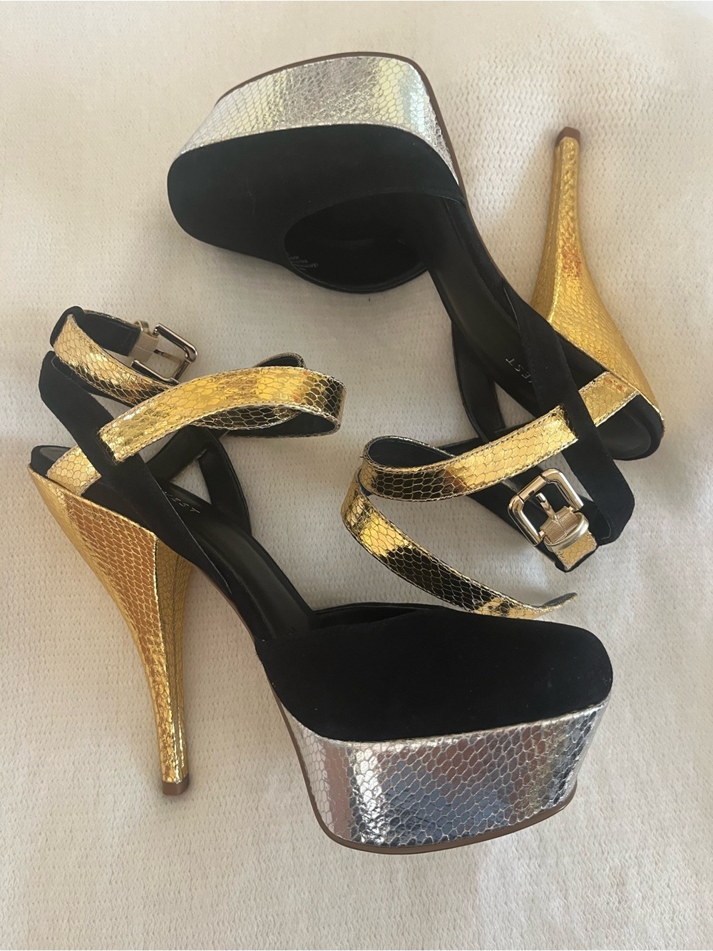 Gold, Silver & Black High Heel Platform Sandals Size8